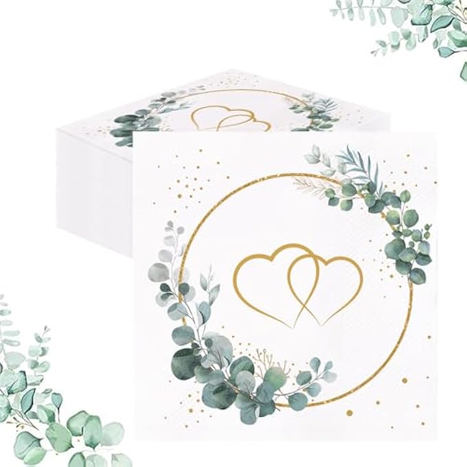PACK OF 80 WEDDING NAPKINS HEARTS AROUND EUCALYPTUS WHITE, EUCALYPTUS GREEN TABLE DECORATION WEDDING, GOLDEN WEDDING, SAGE GREEN TABLE DECORATION (33 X 33 CM) - Image 1